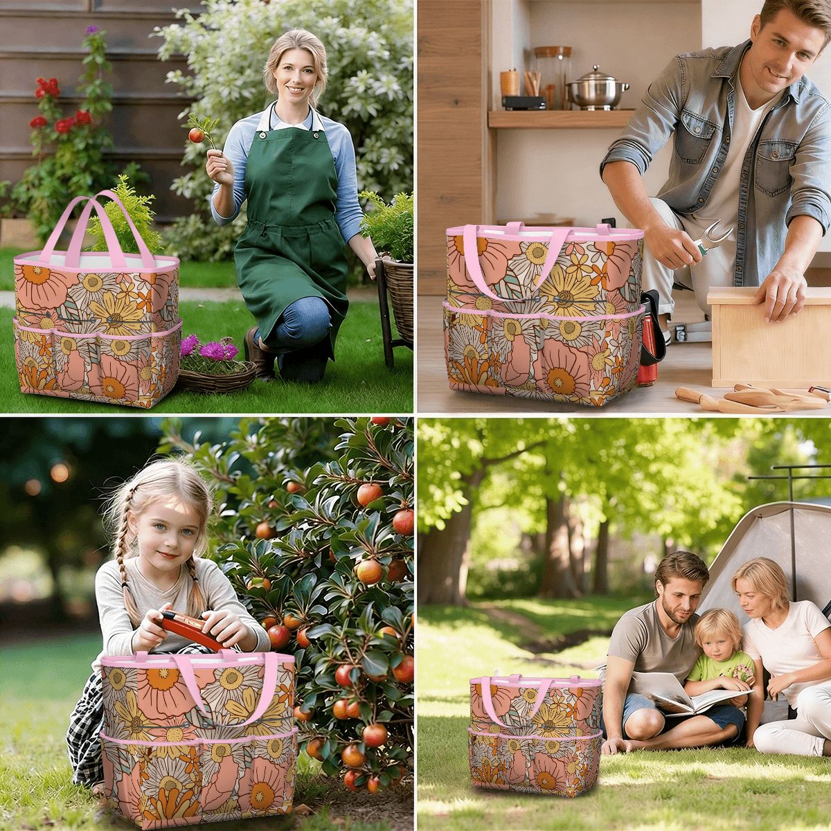 70s Floral Pink Orange Garden Tool Bag