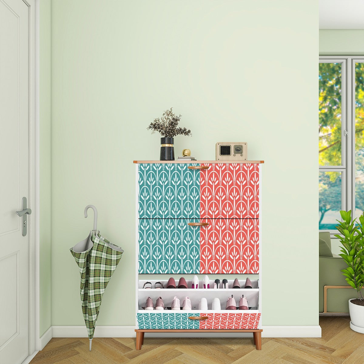 Art Deco Modern Shoe Storage Cabinet | Stylish & Functional Entryway Organizer - Mid Century Modern Gal