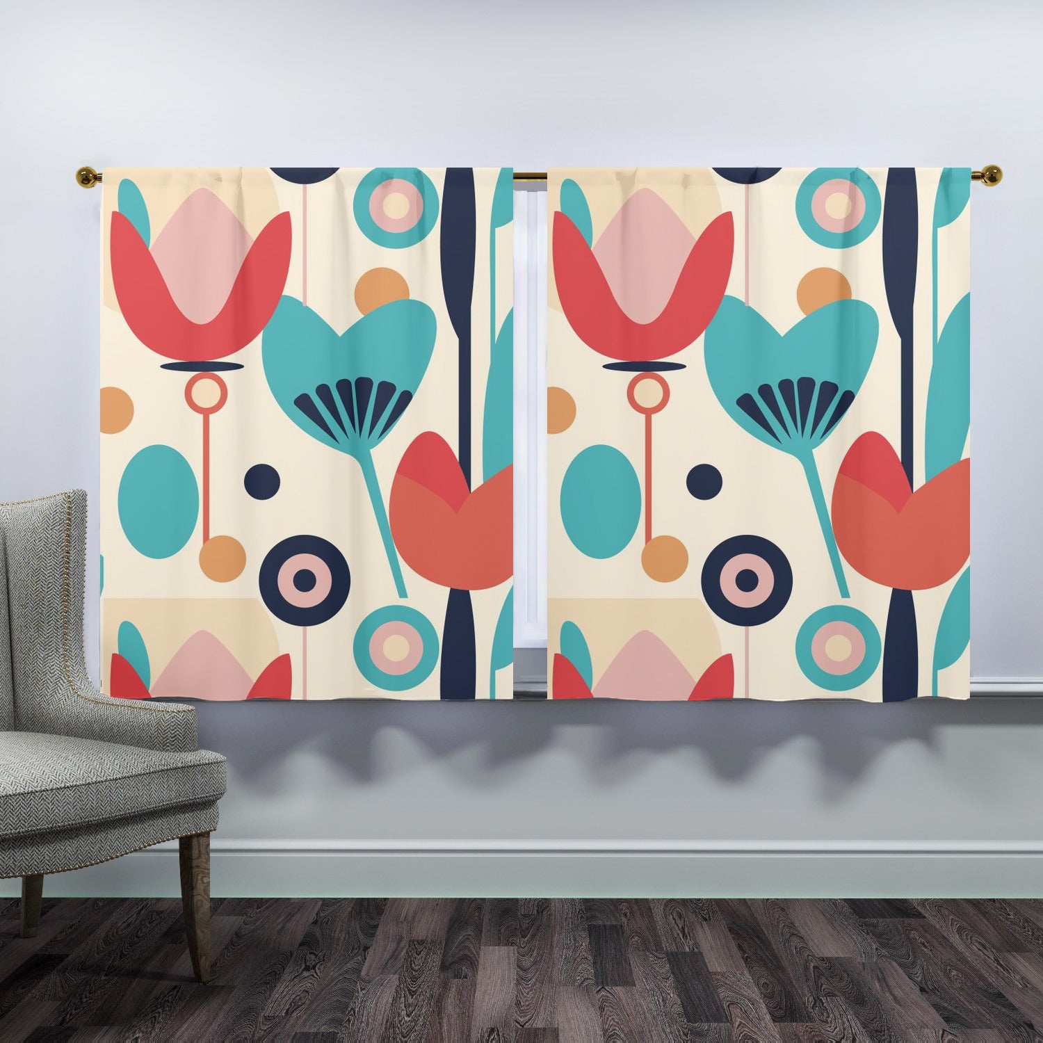 Retro Scandinavian Floral Mid Mod Window Curtains (two panels) - Mid Century Modern Gal