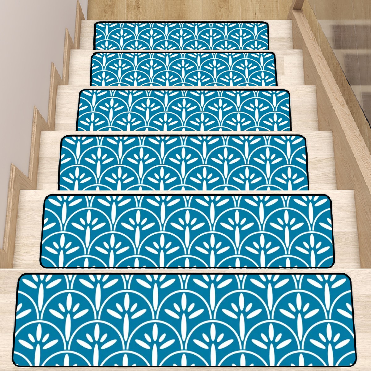 Art Deco Stair Tread Carpets | Blue And White Mid Century Modern Style Non Slip Carpet for Stairs Treads - Mid Century Modern Gal