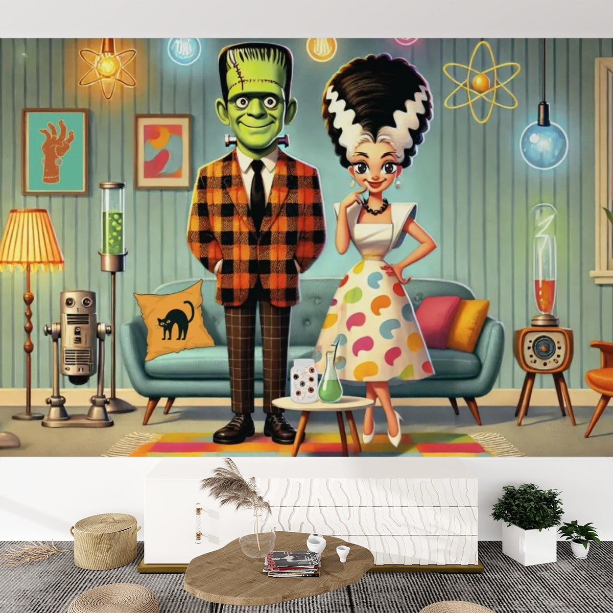 Retro Frankenstein And Bride Kitschy Mod Peel And Stick Wallpaper - Mid Century Modern Gal
