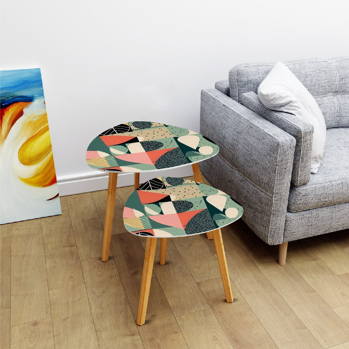 Mid Century Modern Green, Coral, Pink Geometric Mod Designed Nesting Tables - Mid Century Modern Gal