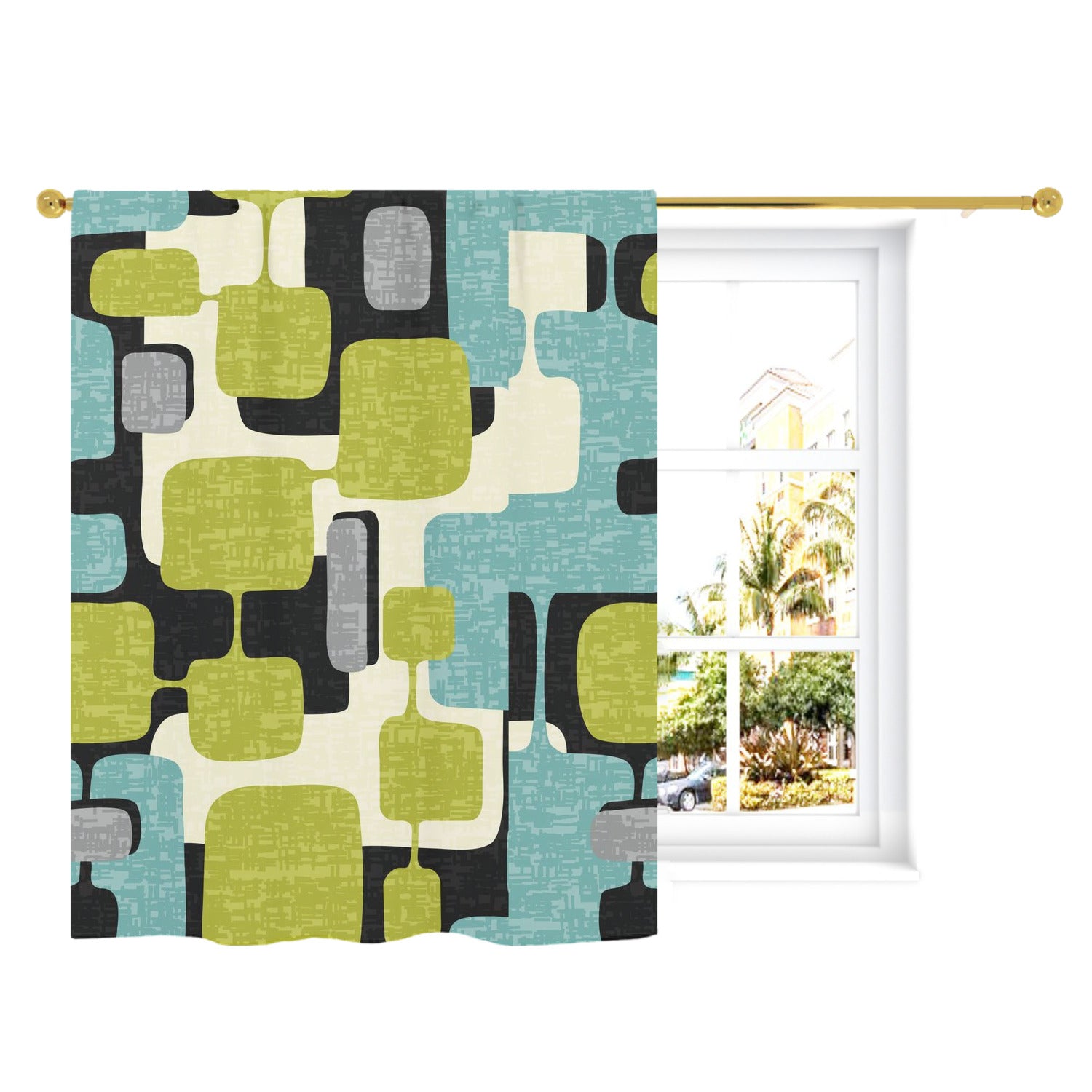 Mid Century Modern Geometric Mod Green, Aqua MCM Curtain, Single Panel - Mid Century Modern Gal