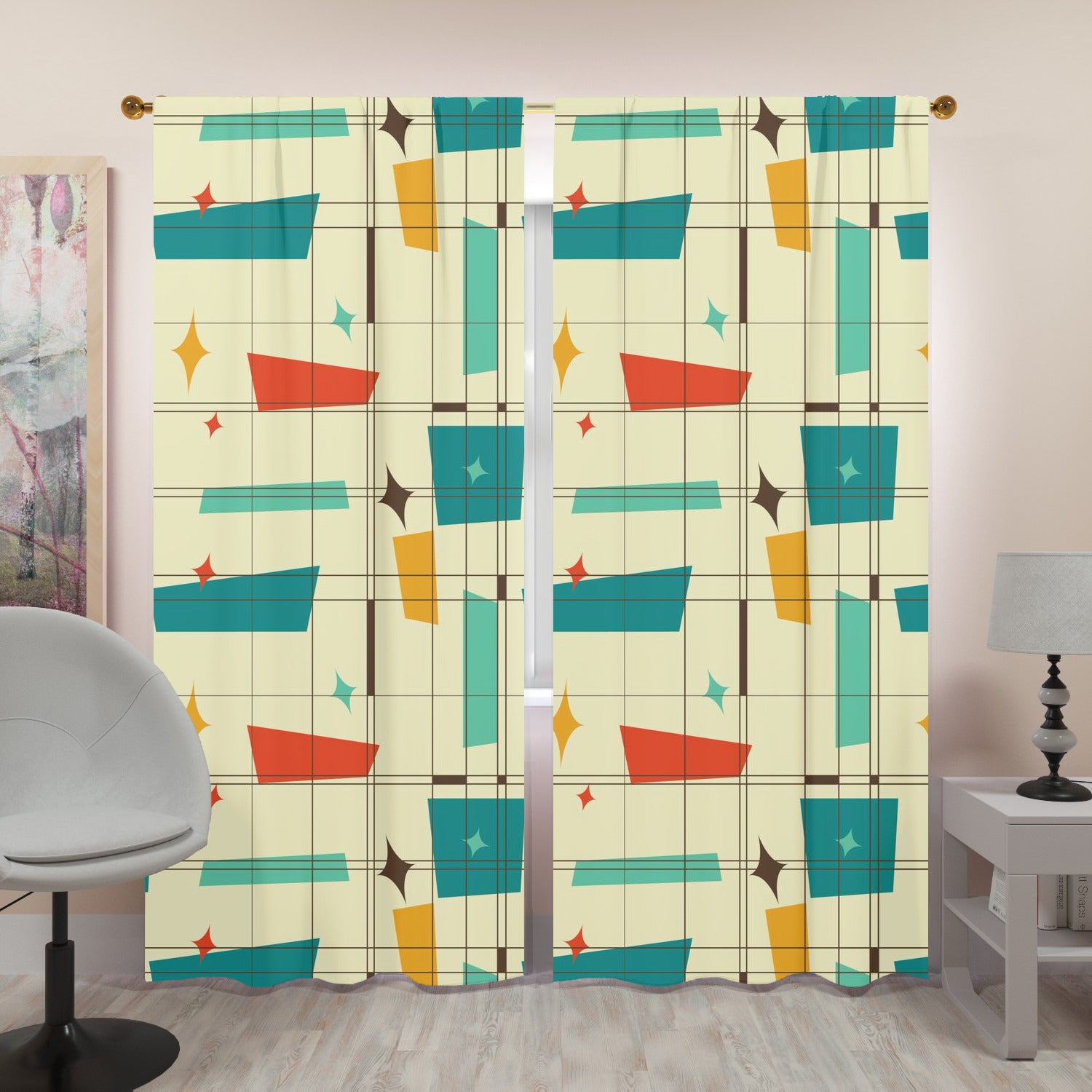 Mid Century Modern Fun And Funky Geometric Retro Window Curtains (two panels) - Mid Century Modern Gal