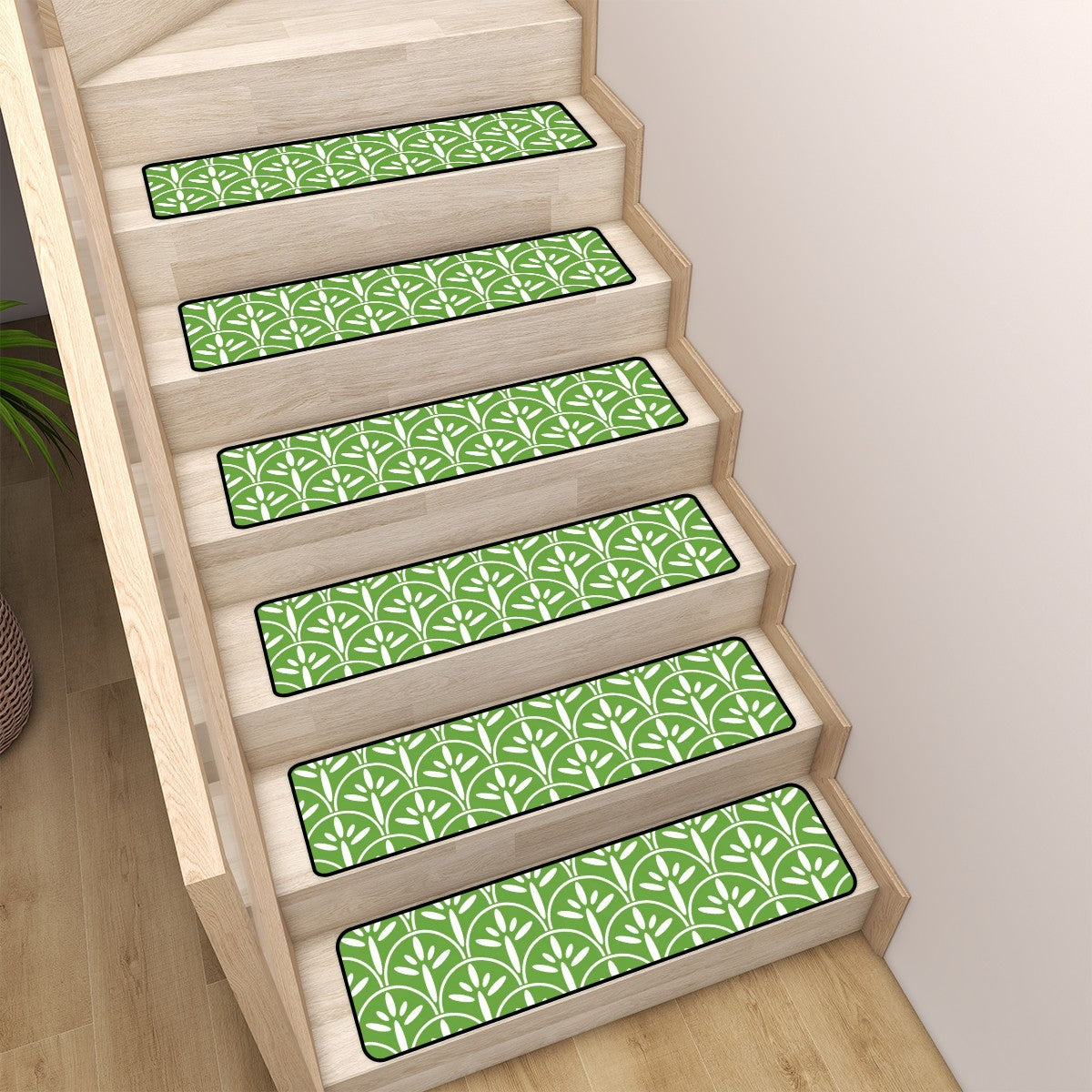 Art Deco Stair Tread Carpets | Green Grass And White Mid Century Modern Style Non Slip Carpet for Stairs Treads - Mid Century Modern Gal