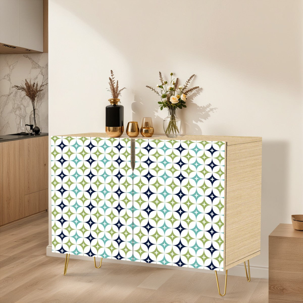 Scandinavian Designed Blue, Green Aqua Diamond Design Mod Wooden Storage Cabinet - Mid Century Modern Gal