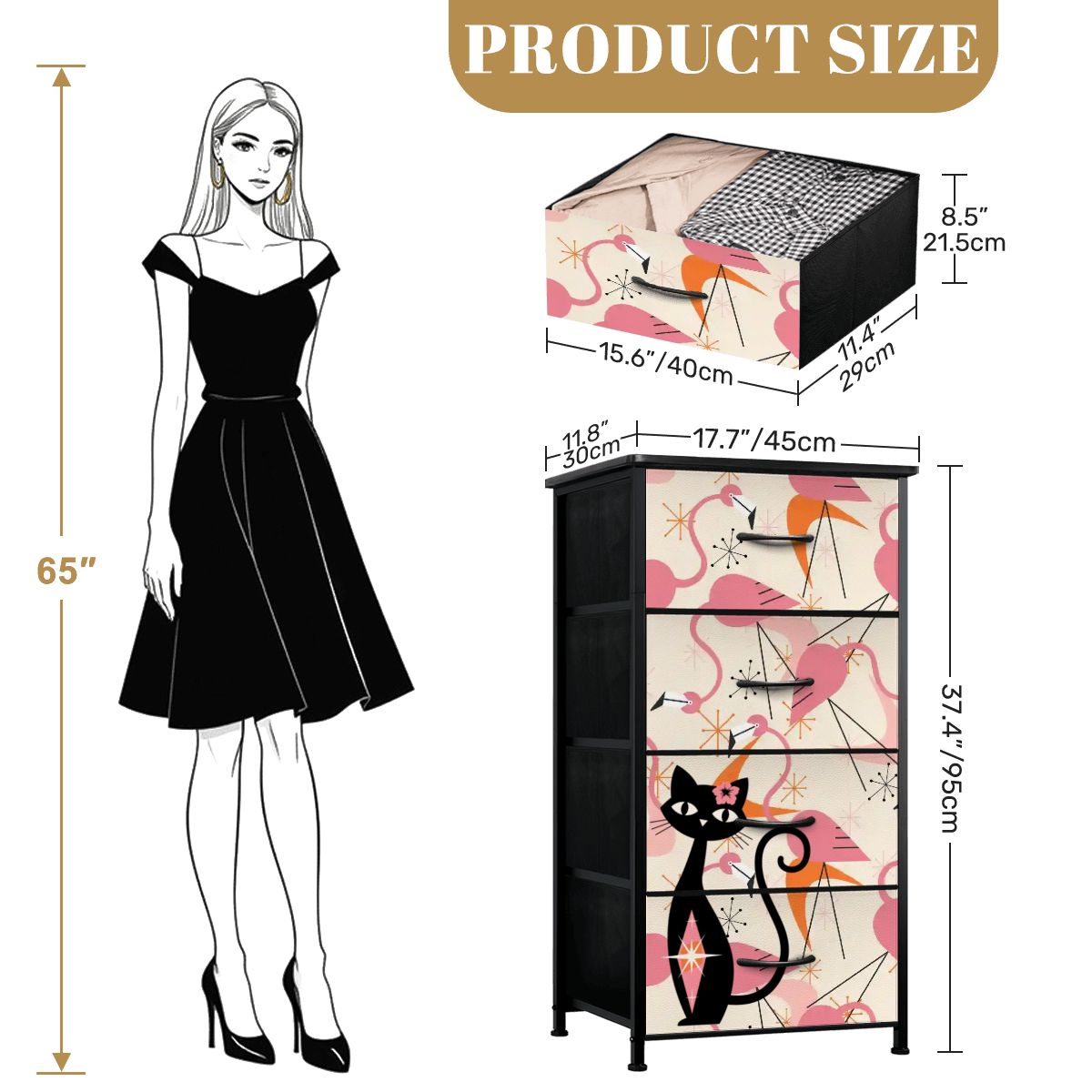 Mid Century Modern Flamingos, Atomic Cat Kitschy Mod 4-Drawer Dresser - Mid Century Modern Gal