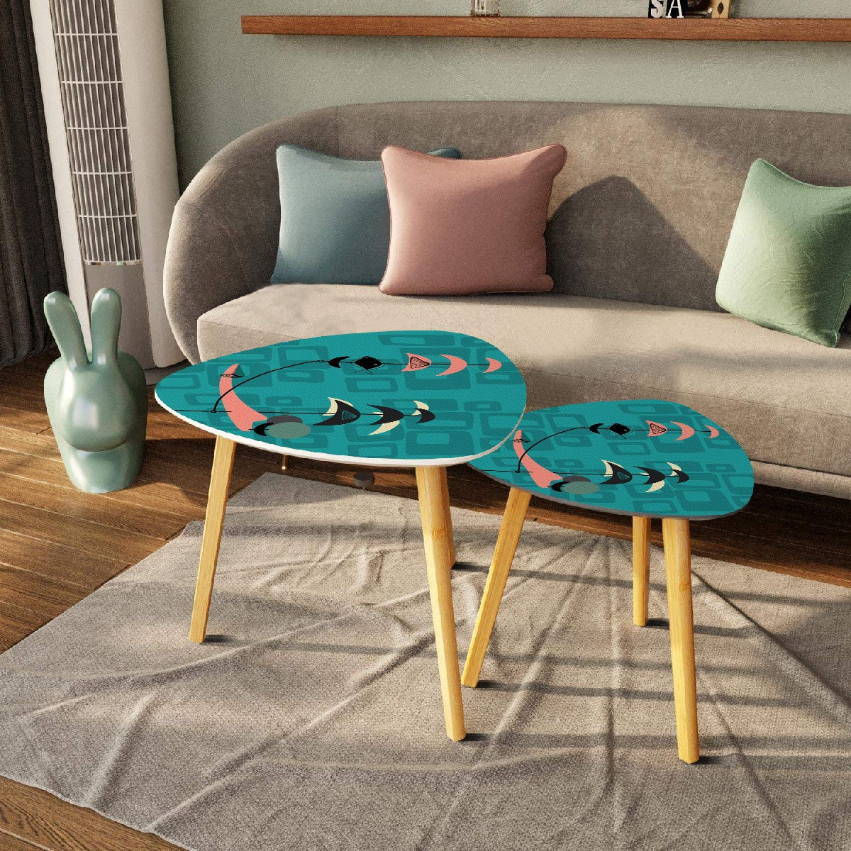 Mid Century Modern Fish Art Nesting Tables, Kitschy Mod Teal Geometric Pattern - Mid Century Modern Gal