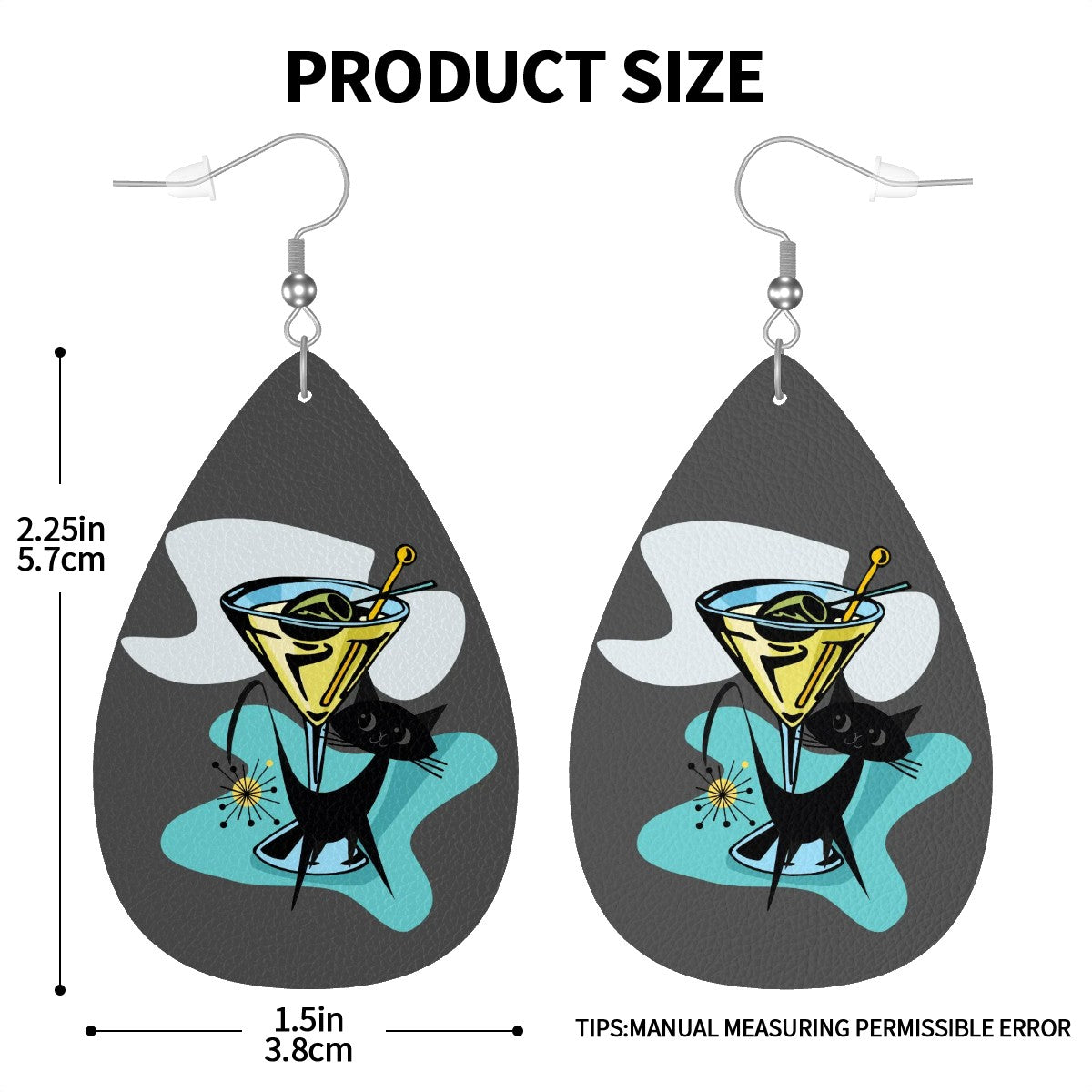Atomic Cat Martini Cocktail Teardrop Vegan Leather Earrings - Mid Century Modern Gal
