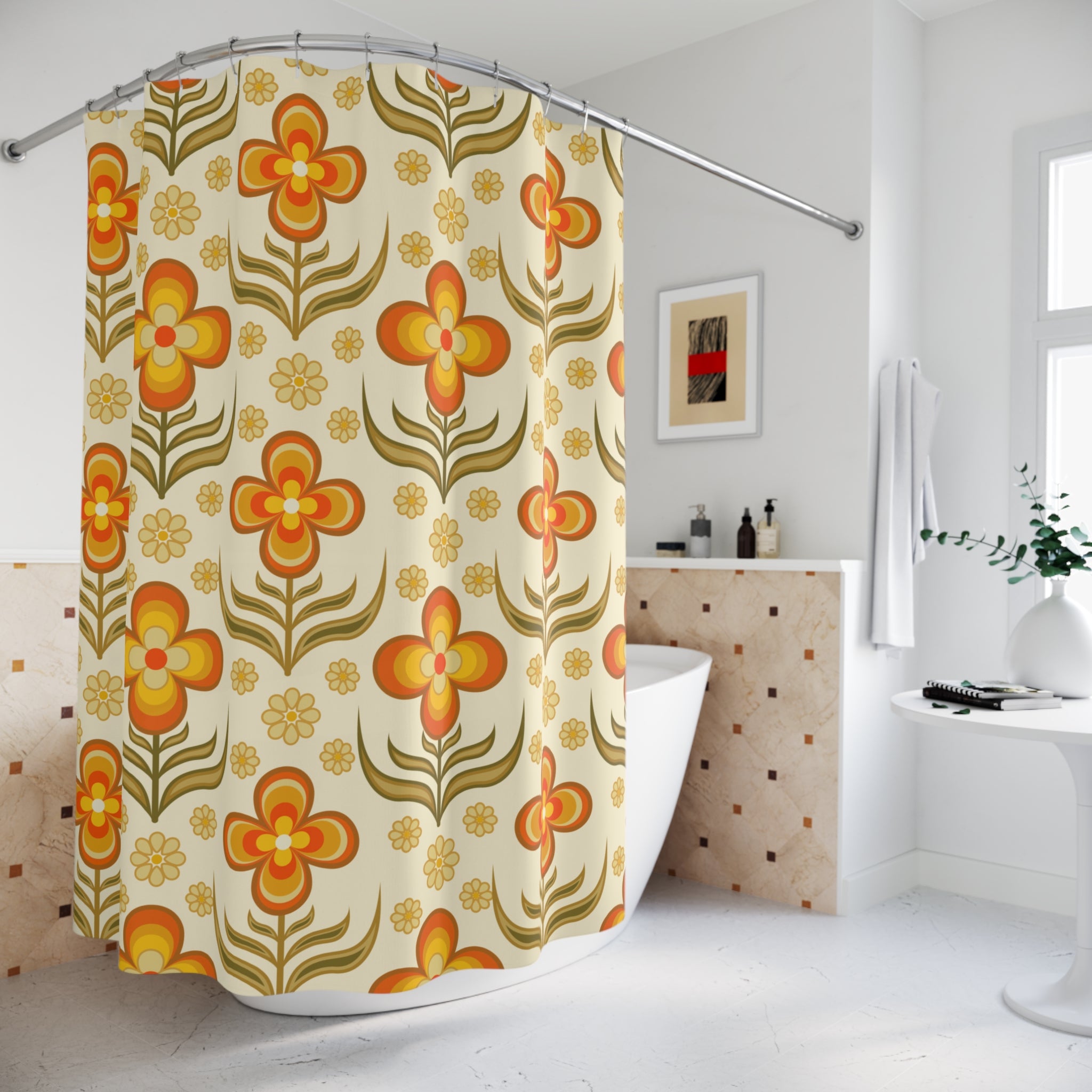 1970s Print Shower Curtain, Flower Power Groovy Retro Bath Decor - Mid Century Modern Gal