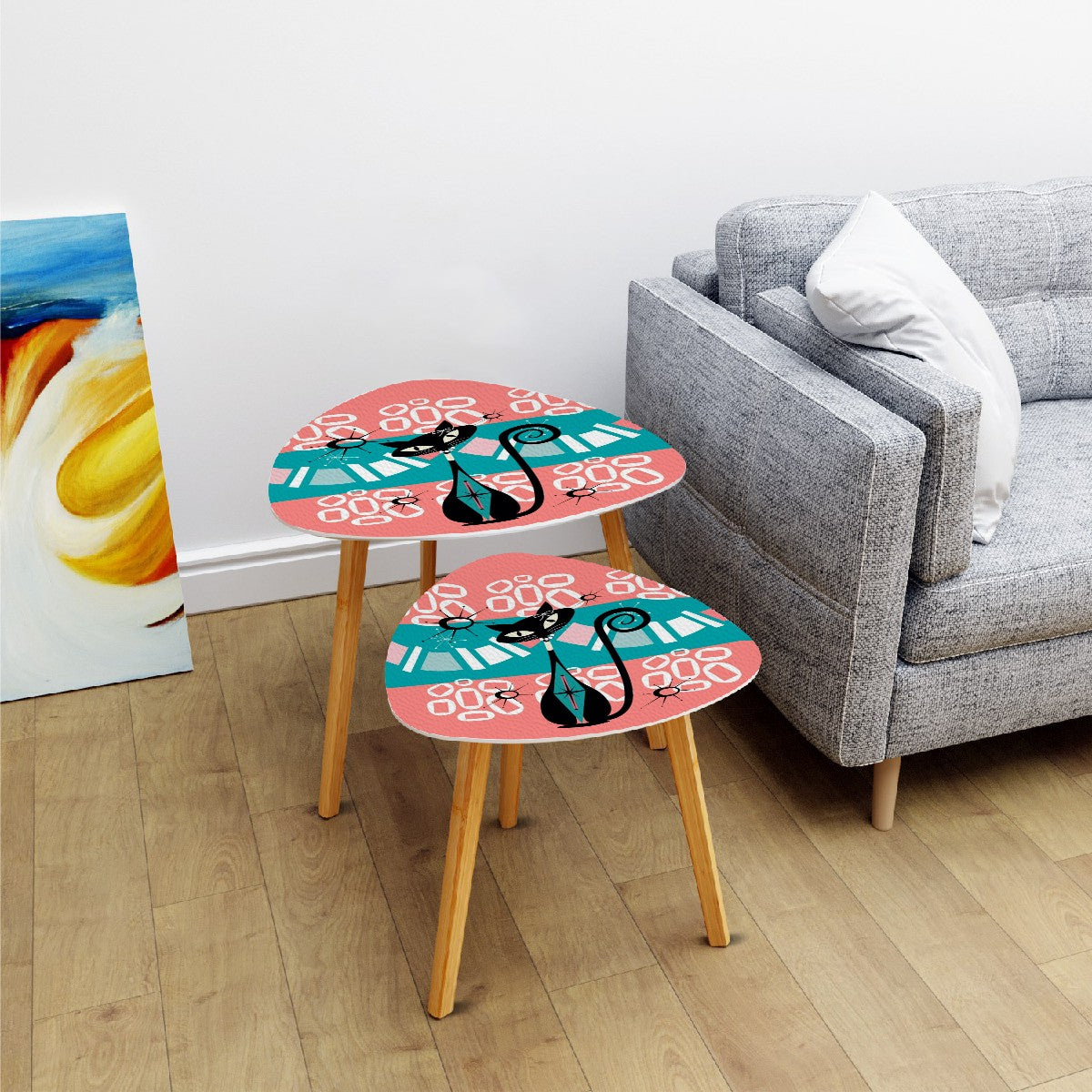 Atomic Cat Mid Century Modern Nesting Tables In Coral, Teal Kitschy Mod Triangle Coffee Table Set of 2 - Mid Century Modern Gal