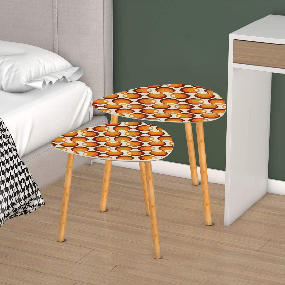 Space Orbs Mid Century Modern Nesting Tables, Orange Brown Retro Triangle Coffee Table Set of 2 - Mid Century Modern Gal