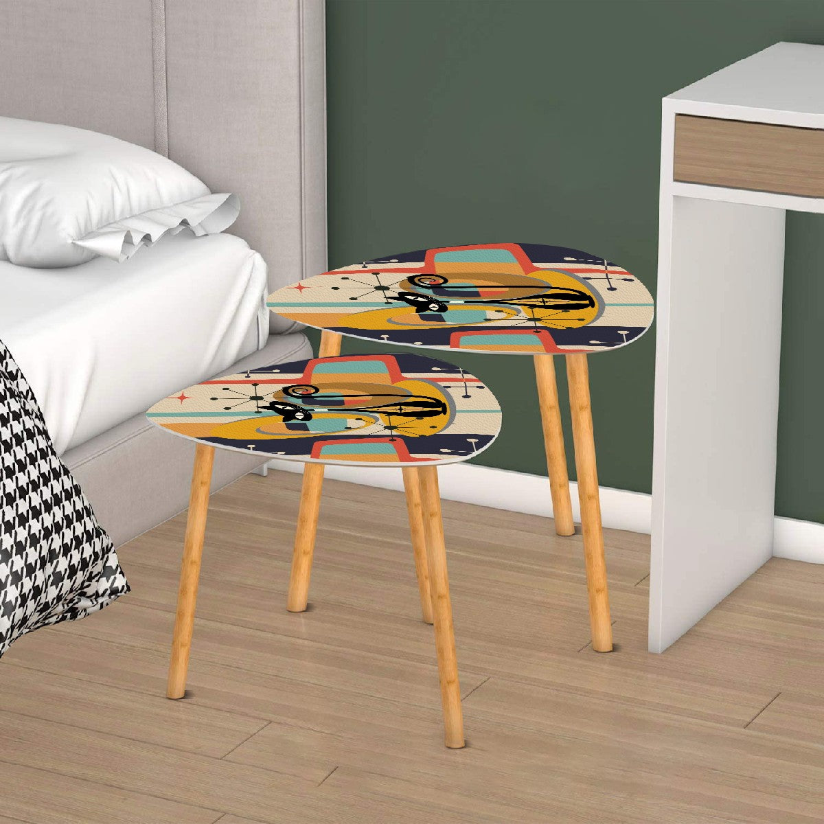 Mid Century Modern Nesting Tables, Atomic Cat, Mod 50s Triangle Coffee Table Set - Mid Century Modern Gal