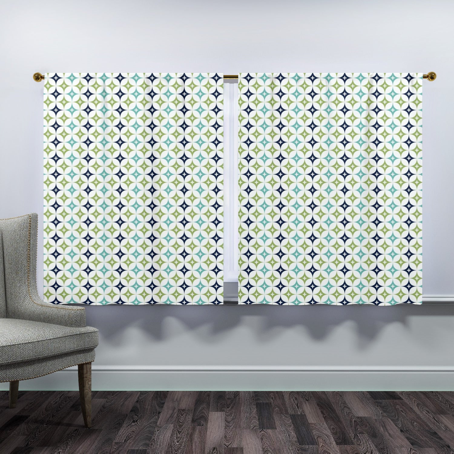 Blue Green, Aqua Diamond Starburst Retro Mid Century Modern Opaque Window Curtains - Mid Century Modern Gal