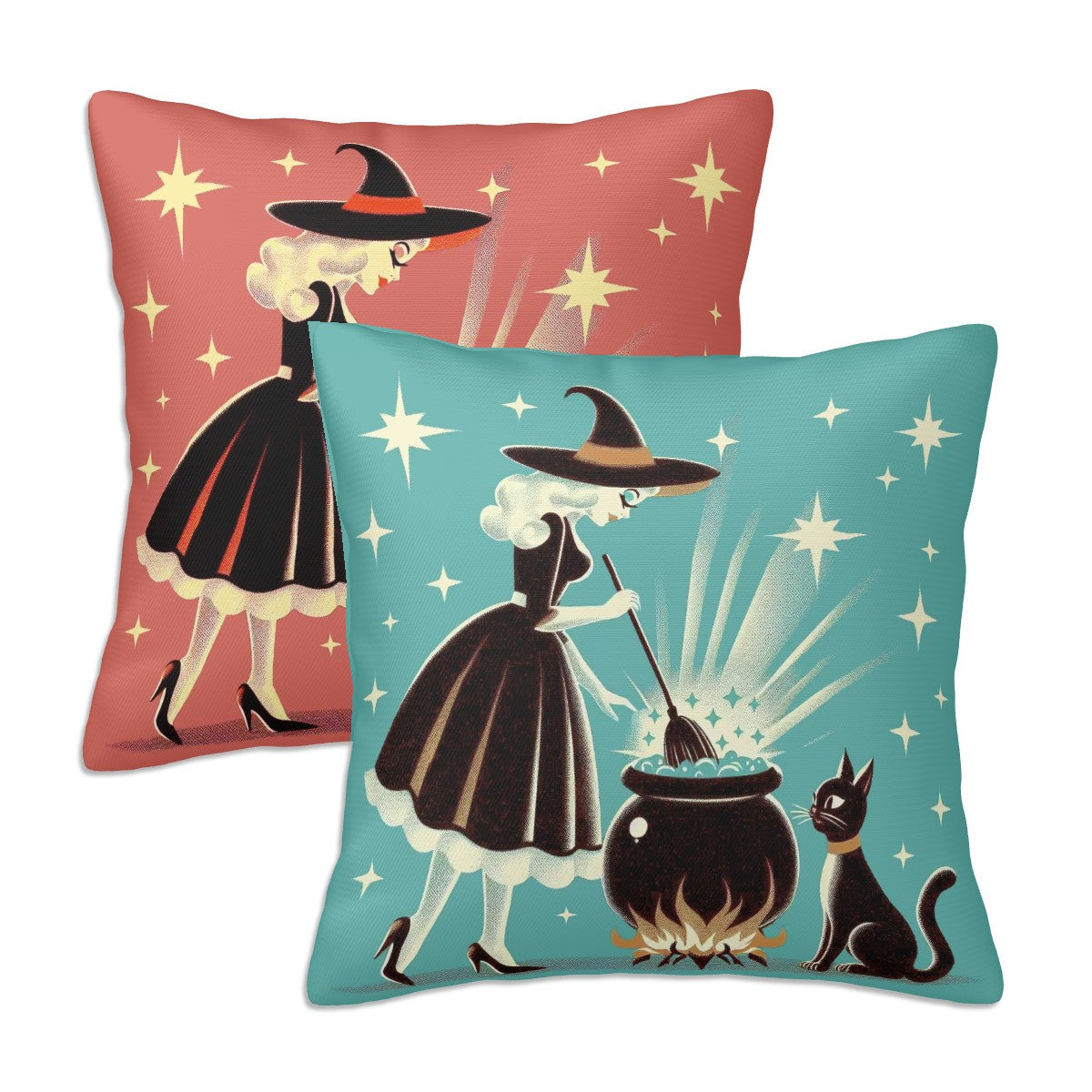 Witch's Brew Mid Century Modern Halloween Gothic Coral & Teal Pillow Covers Only - Mid Century Modern Gal