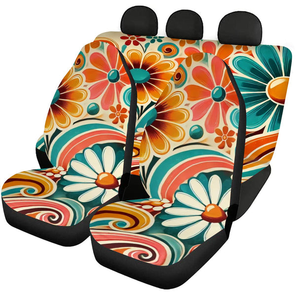 70s Car Seat Covers, Retro Flower Power Hippie Groovy Front And Back Covers
