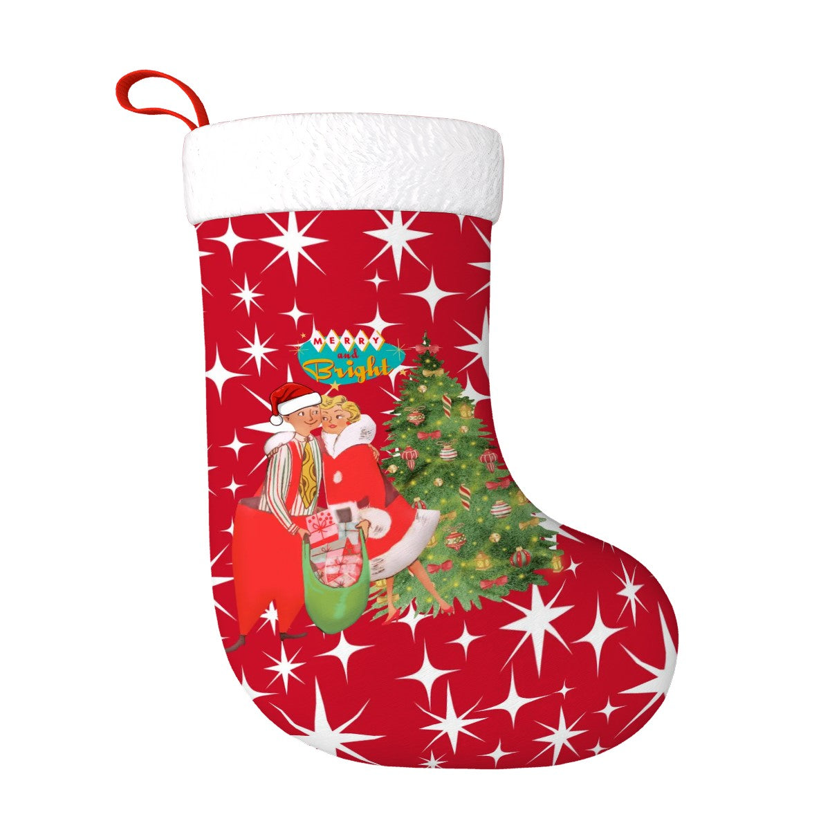 Mid Century Modern Red Starburst, Kitschy Mod Couple Plush Christmas Stocking - Mid Century Modern Gal