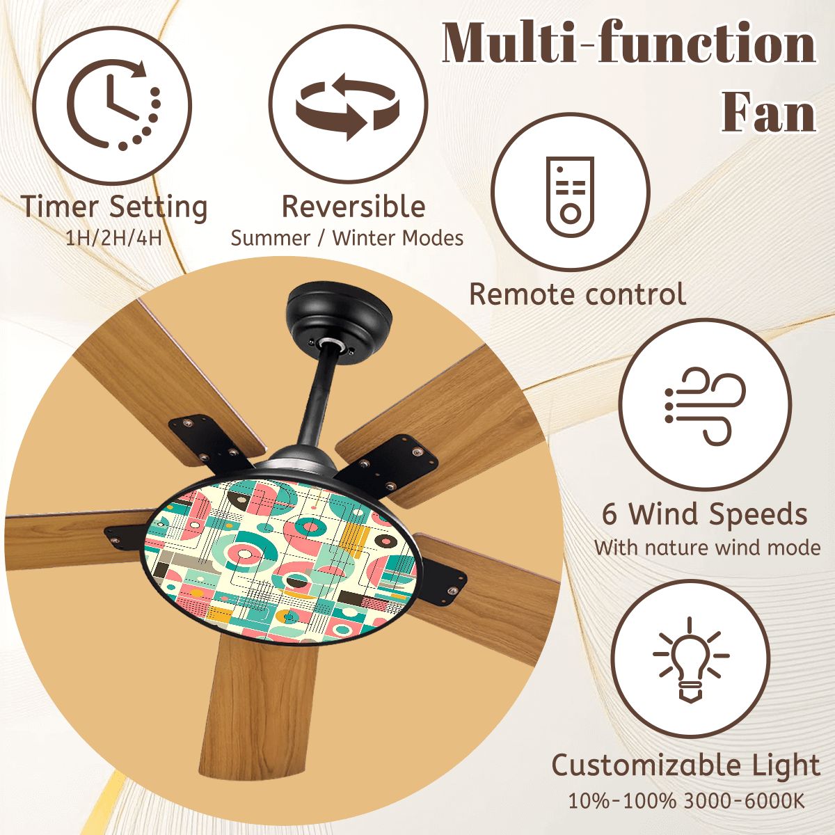 Bauhaus Pink Teal Yellow Mid Century Modern Designed Ceiling Fan With Light - Mid Century Modern Gal