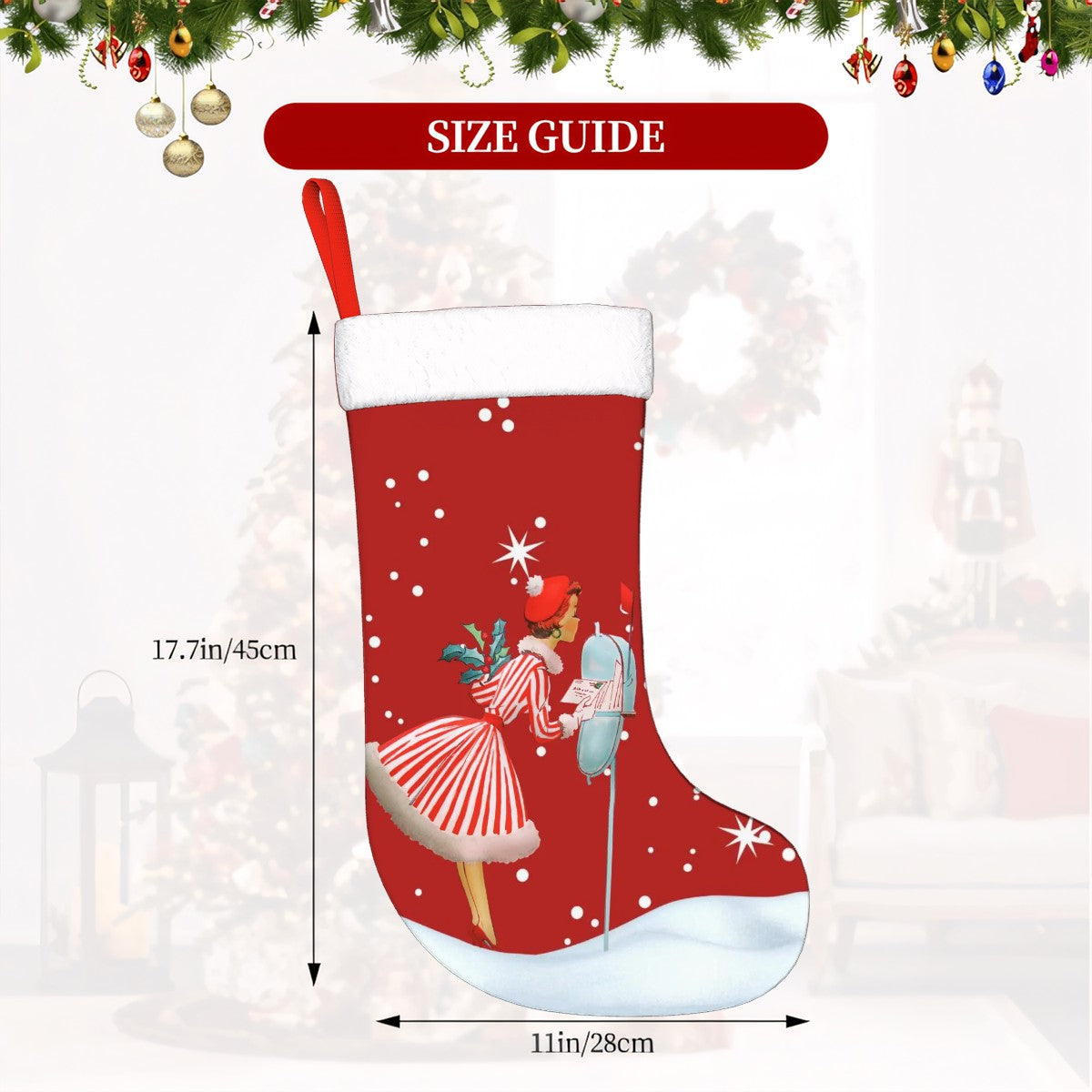 Mid Century Modern 50s Gal, Kitschy Holiday Red Plush Christmas Stocking - Mid Century Modern Gal