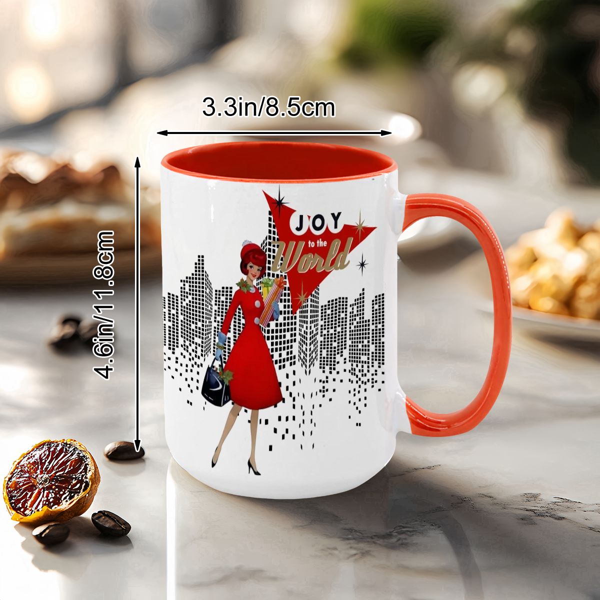 Mid Century Modern holiday mug featuring a cityscape design and a woman in red, celebrating Christmas joy.