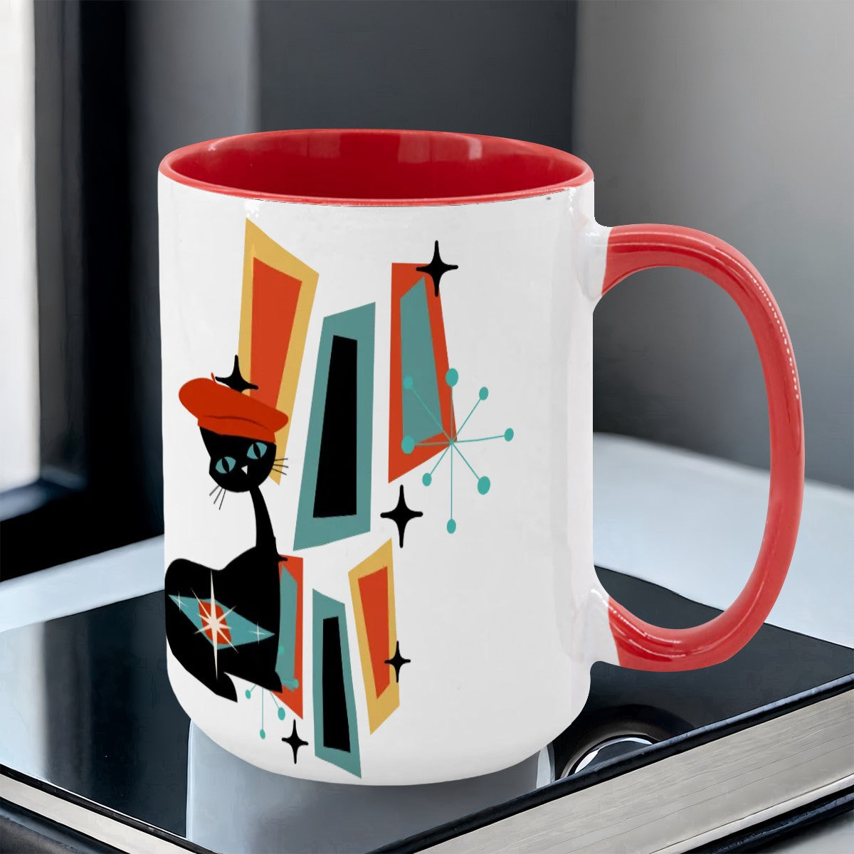 Atomic Cat Mid Century Modern Coffee Mug With Geometric Design - Mid Century Modern Gal