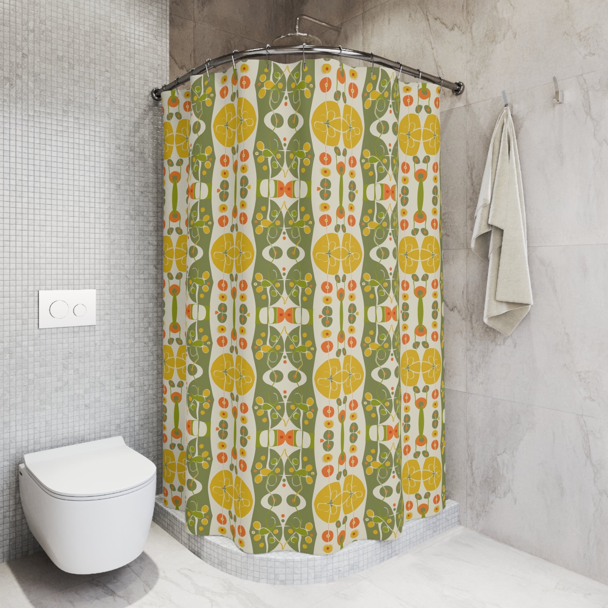 Summer Citrus Green, Yellow, Mid Mod Bathroom Shower Curtain - Mid Century Modern Gal