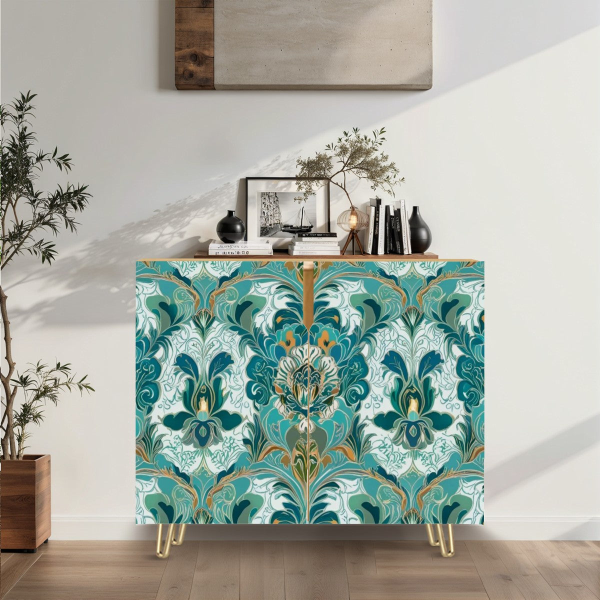 Chinoiserie Sideboard Floral Teal Green Gold, Elegant Wooden Storage Cabinet - Mid Century Modern Gal