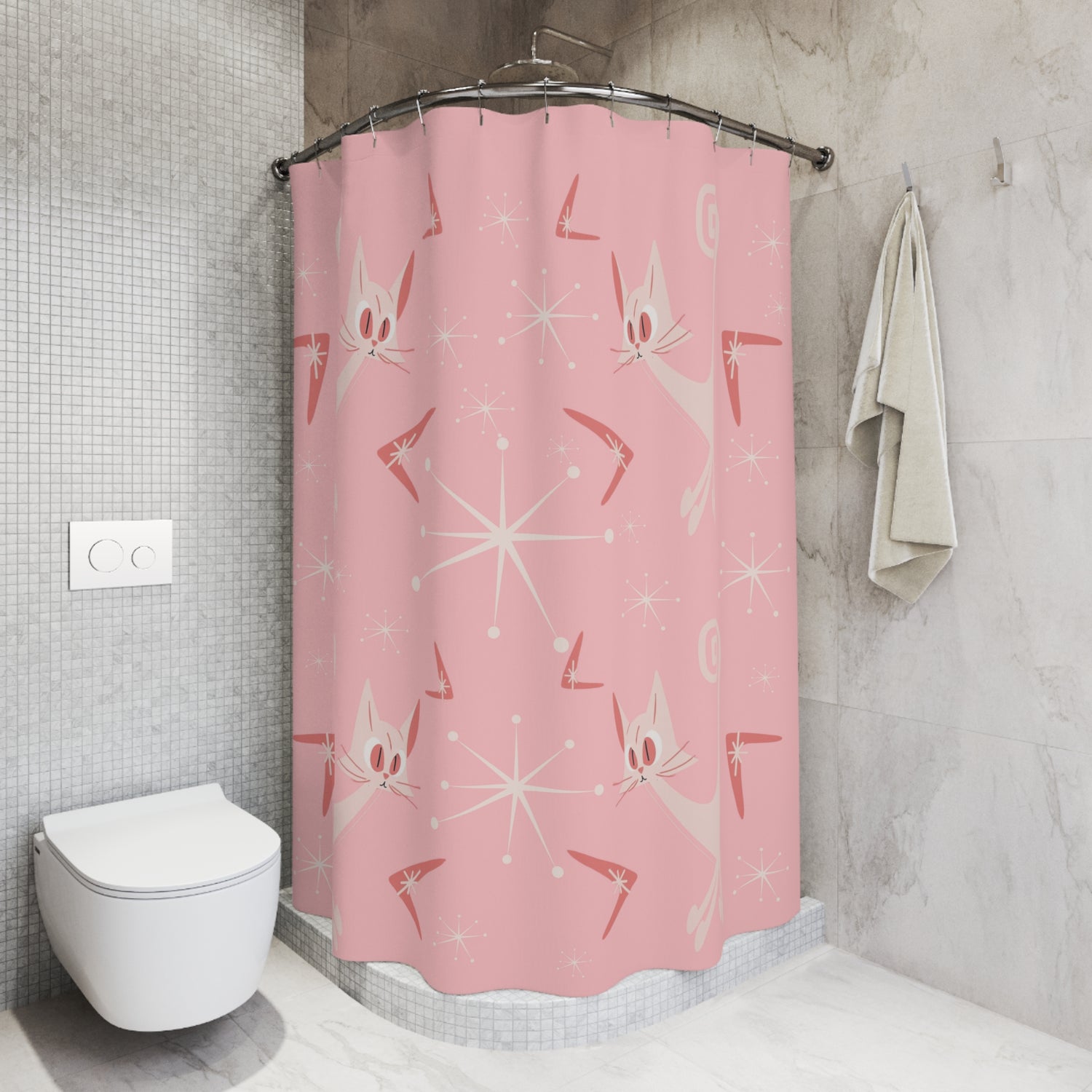 Pink Mid Century Modern Atomic Kittie, Boomerange, Retro MCM Shower Curtain - Mid Century Modern Gal