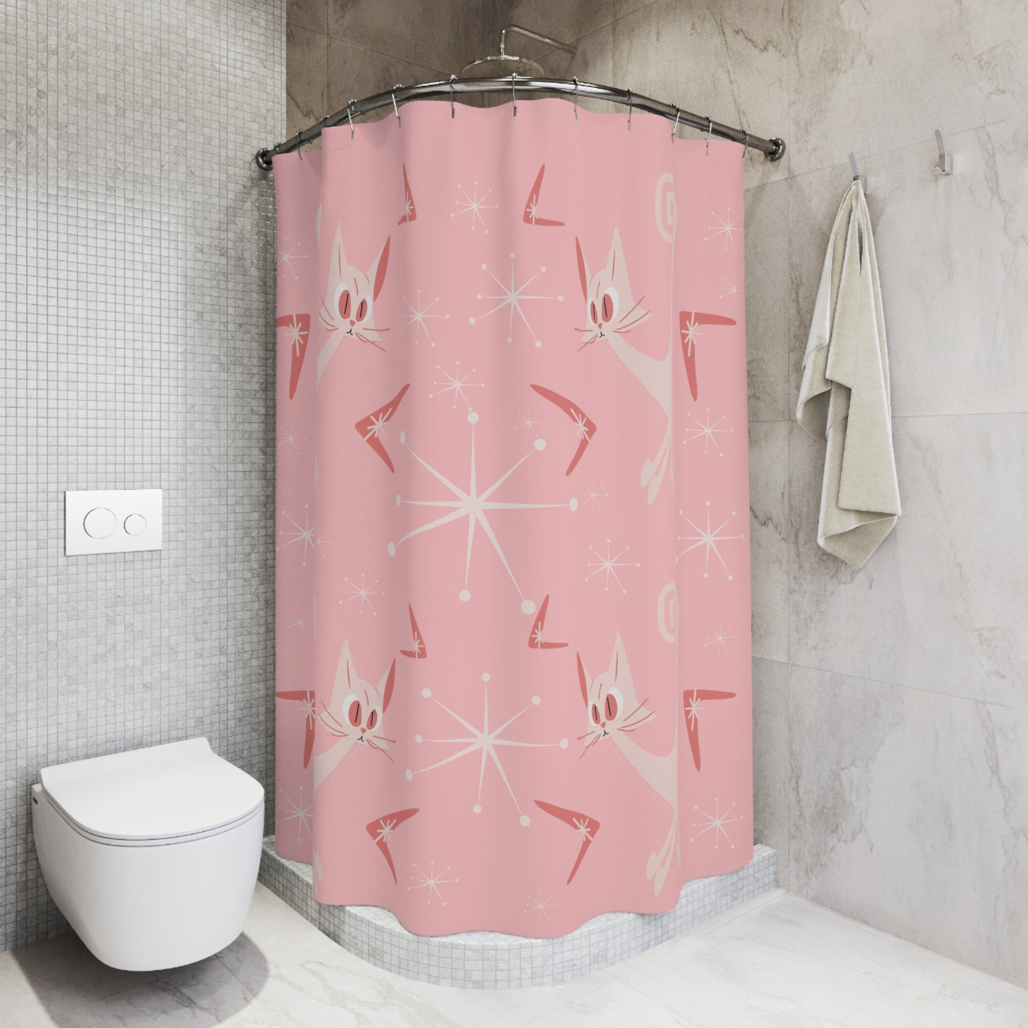Pink Mid Century Modern Atomic Kittie, Boomerange, Retro MCM Shower Curtain - Mid Century Modern Gal