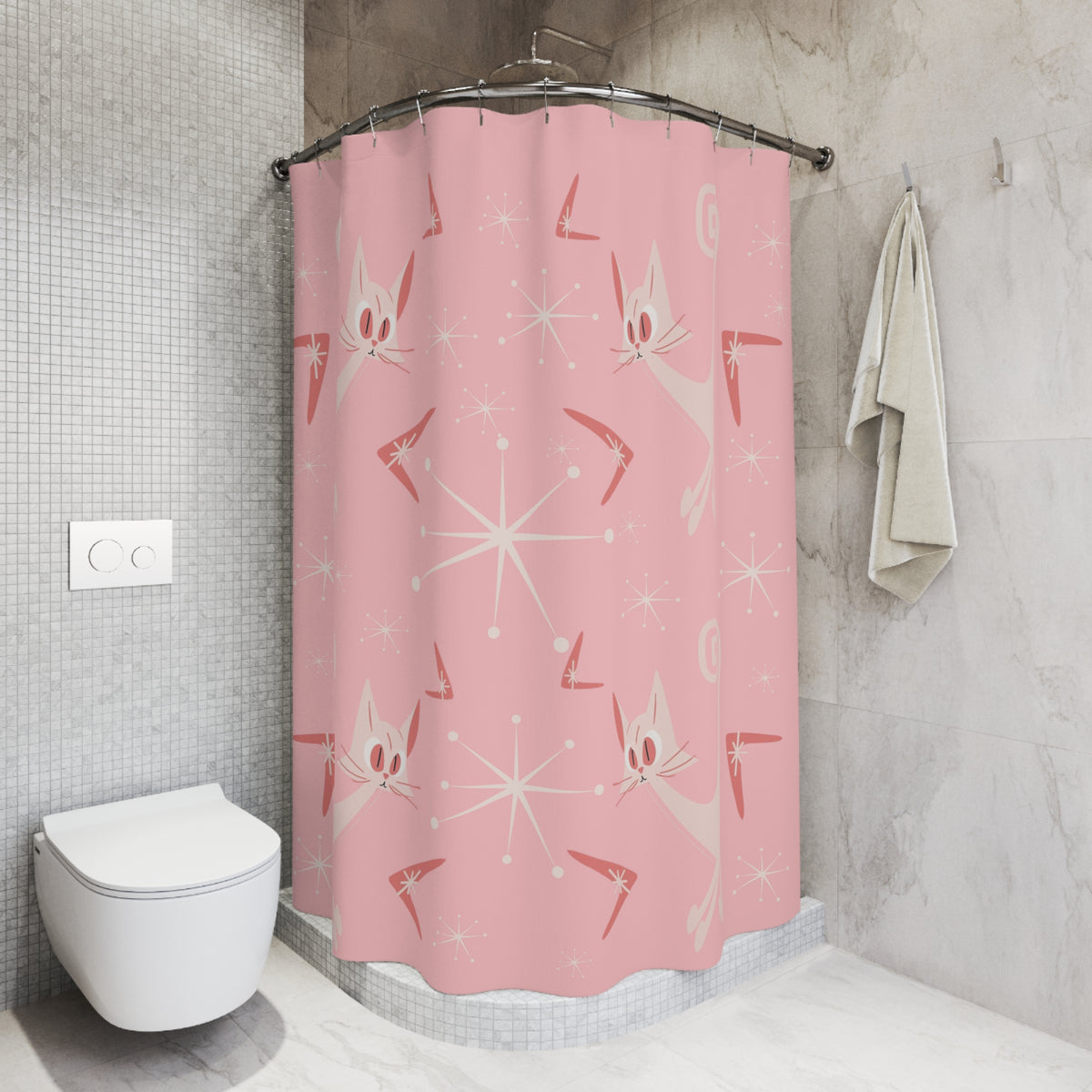 Pink Mid Century Modern Atomic Kittie, Boomerange, Retro MCM Shower Curtain - Mid Century Modern Gal