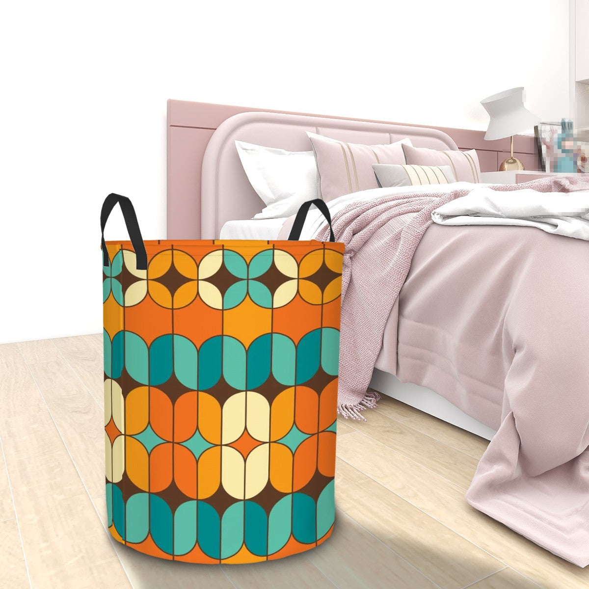 Mid Mod Orange, Teal Geometric Retro MCM Circular Laundry Basket - Mid Century Modern Gal