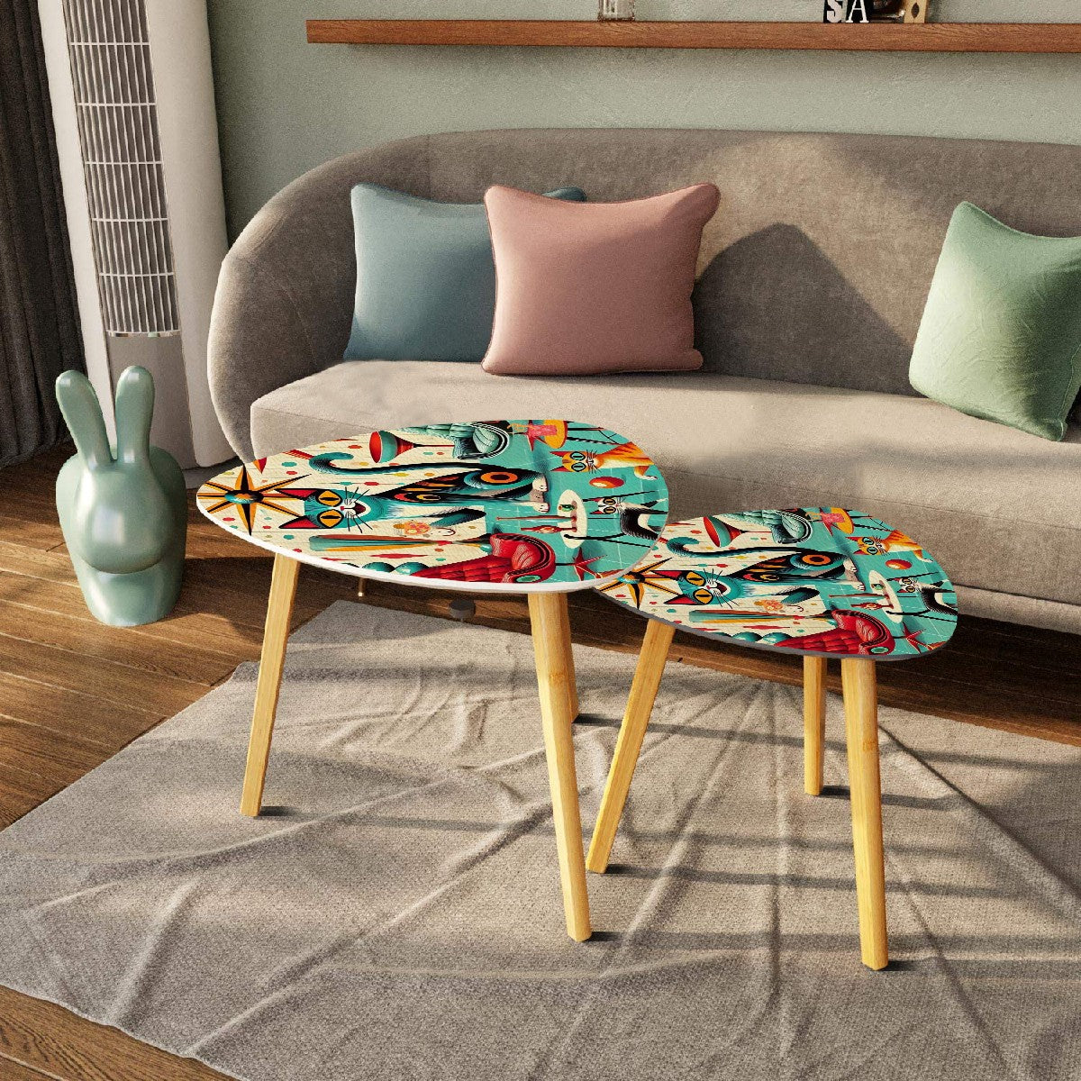 Mid Century Modern Nesting Tables, Cats And Cocktails Triangle Coffee Table Set of 2 - Mid Century Modern Gal