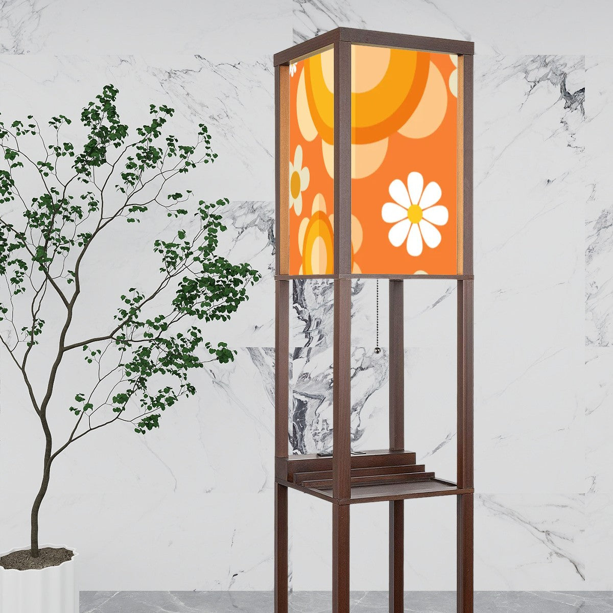 Flower Power Retro Mod Daisy Orange, Mid Century Modern Floor Lamp with Shelves - Mid Century Modern Gal