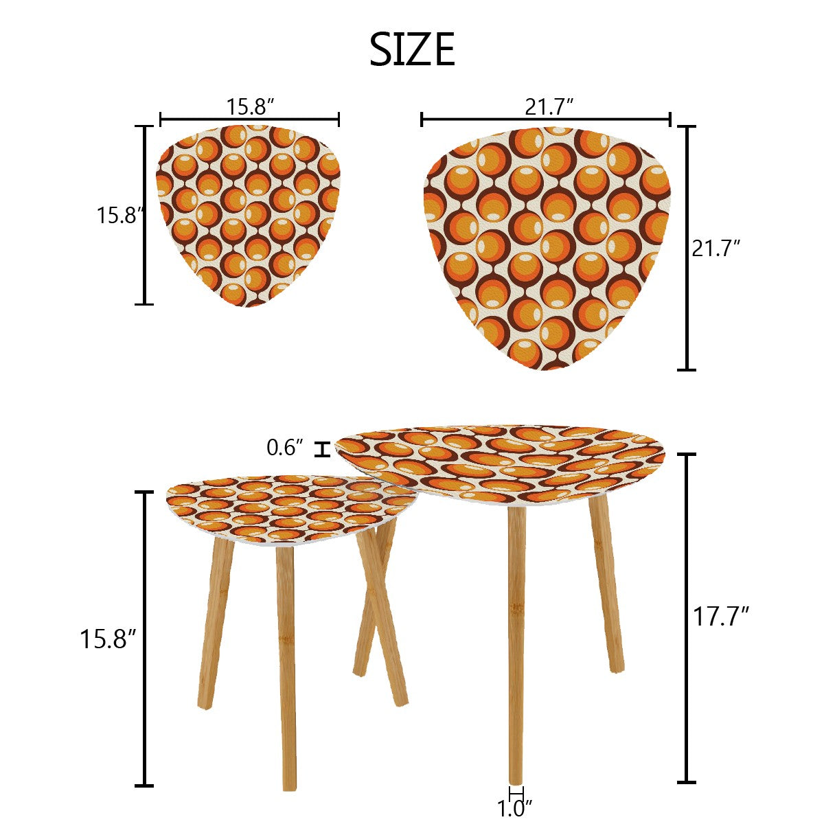 Space Orbs Mid Century Modern Nesting Tables, Orange Brown Retro Triangle Coffee Table Set of 2 - Mid Century Modern Gal