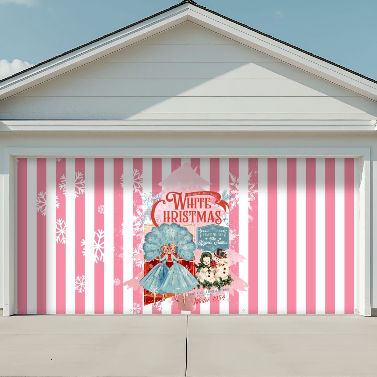 Wallace and Davis Kitschy Christmas Pink White Striped Garage Door Banner Backdrop - Mid Century Modern Gal