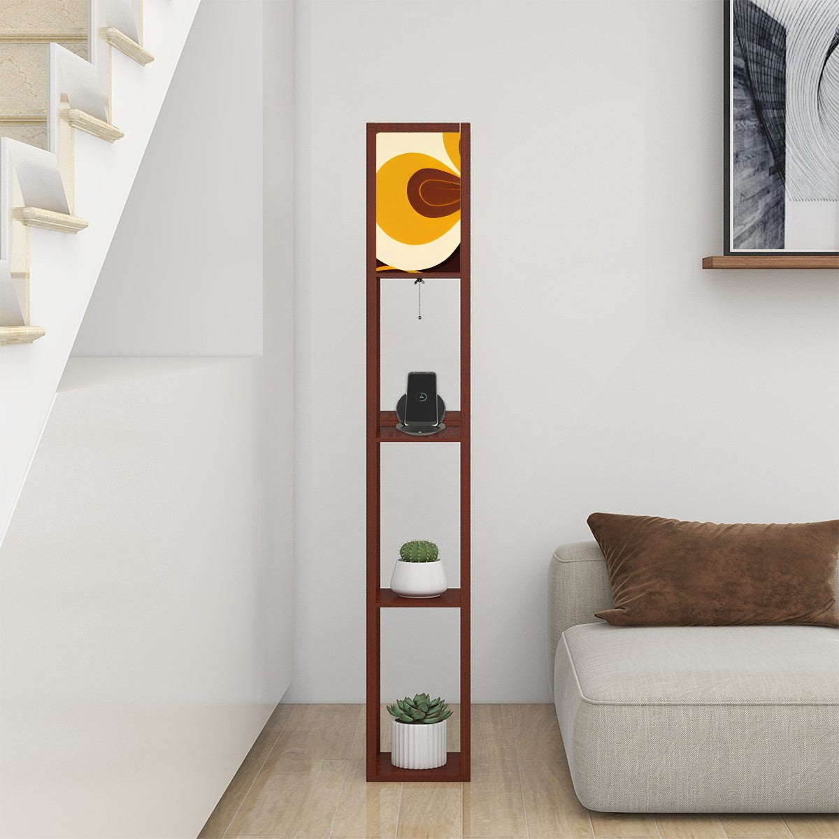 60s Groovy Mod Brown, Yellow, Hip Mid Century Modern Floor Lamp with Shelves - Mid Century Modern Gal