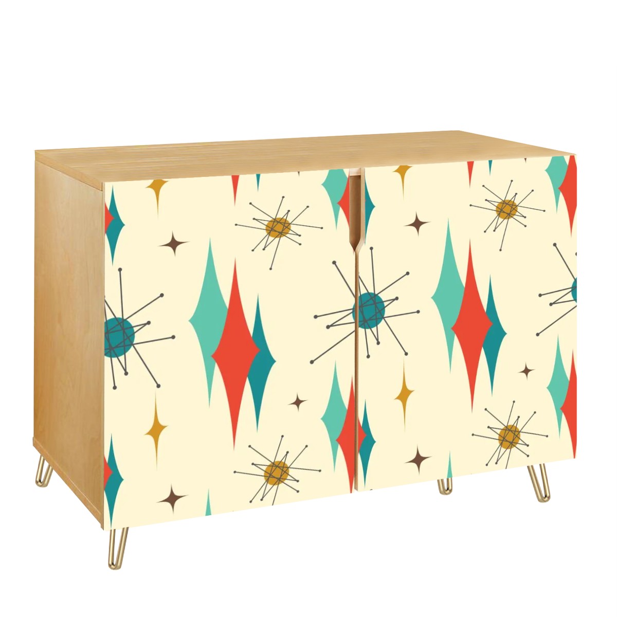 Mid Century Modern Atomic Franciscan Starbursts MCM Wooden Storage Cabinet - Mid Century Modern Gal