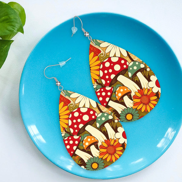 Retro 70s Merry Mushroom Groovy Vegan Leather Teardrop Earrings