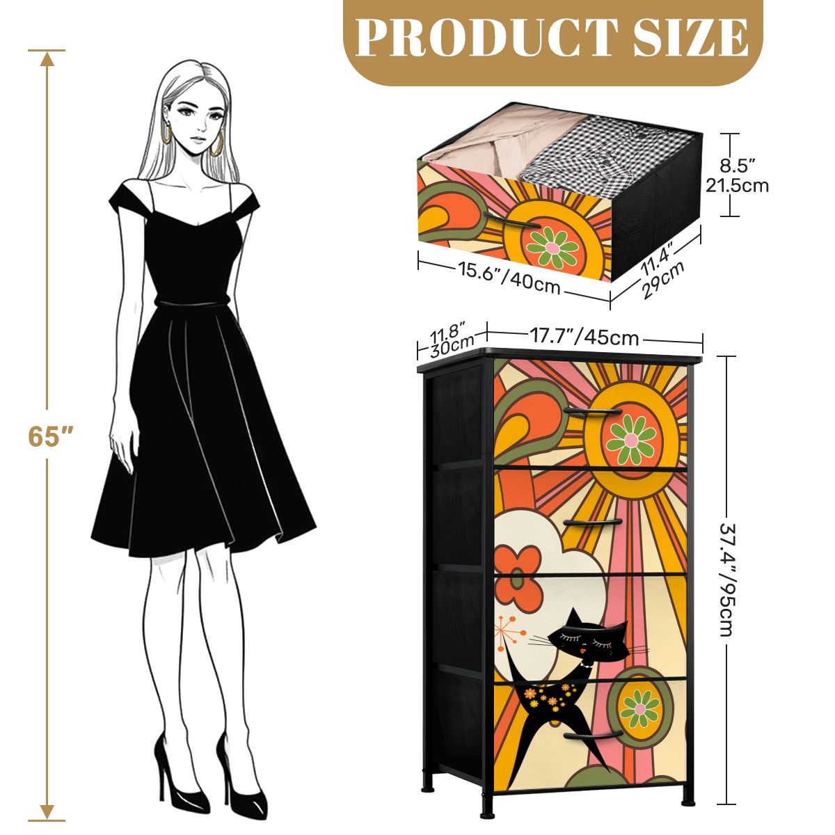 Retro Groovy 70s Sunshine Mid Mod Hippie Vibes and Atomic Cat 4-Drawer Dresser - Mid Century Modern Gal