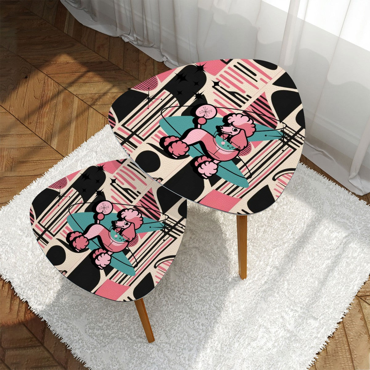 Mid Century Modern Nesting Tables, 50s Poodle, Black Pink Aqua Boomerang Cocktail Side Tables - Mid Century Modern Gal