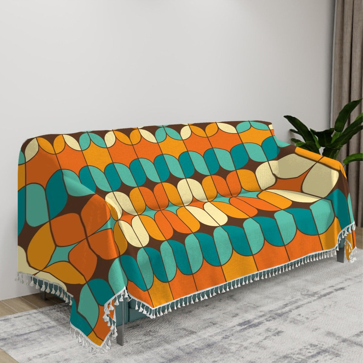 Retro Style Couch Cover, Mid Century Modern Geometric Orange, Teal Blanket Couch Cover - Mid Century Modern Gal