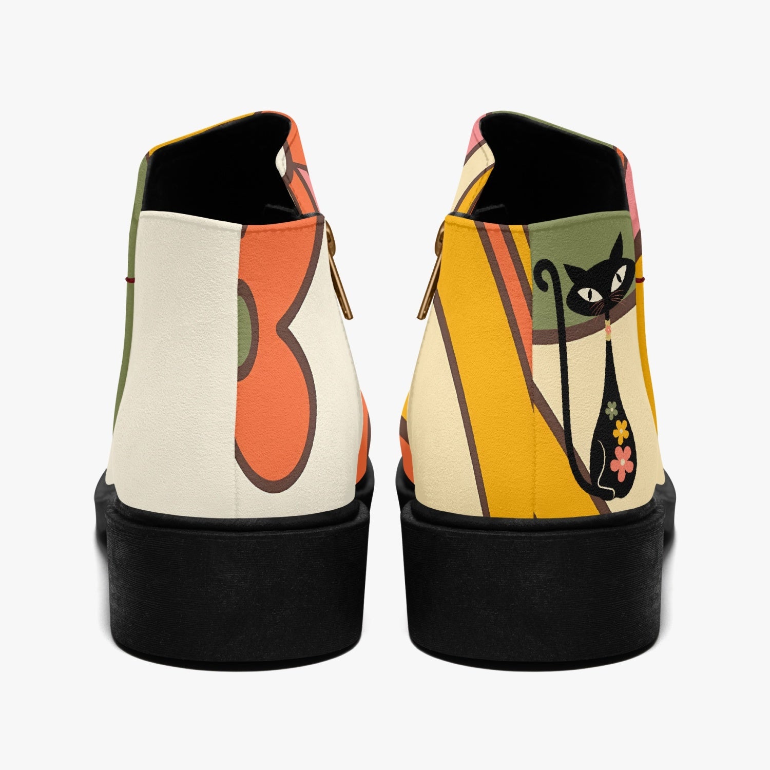 70s Mod Flower Power, Groovy Kitsch Ankle Shoe Boots With Atomic Kittie On Back - Mid Century Modern Gal