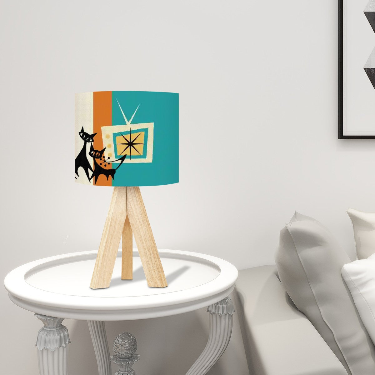 Atomic Cat Tripod Table Lamp, Mid Century Modern Orange, Teal Cream MCM Decor - Mid Century Modern Gal