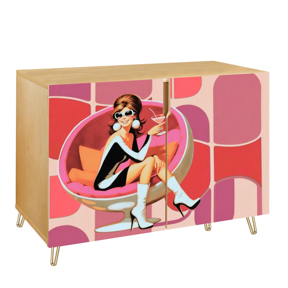 Mid Century Modern Bar Cabinet, Kitschy Mod 60s Gal Pink Geometric MCM Credenza Sideboard - Mid Century Modern Gal