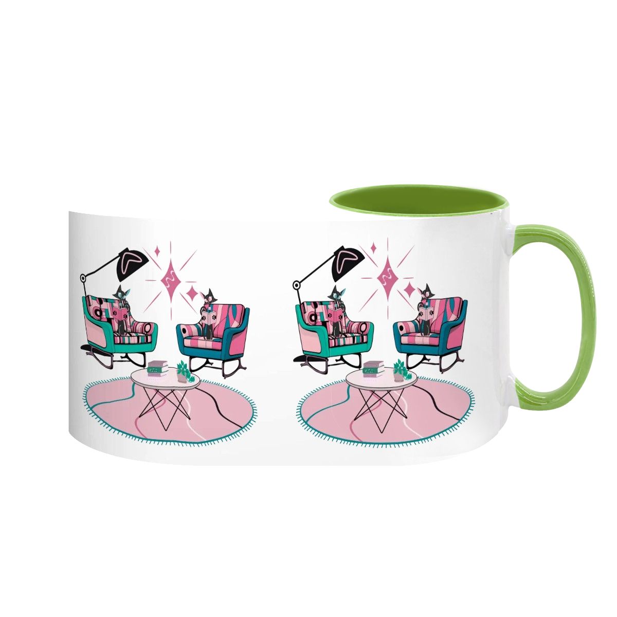 Atomic Reading Cats, Kitschy Mid Century Modern Large Colorful Mug (15oz)