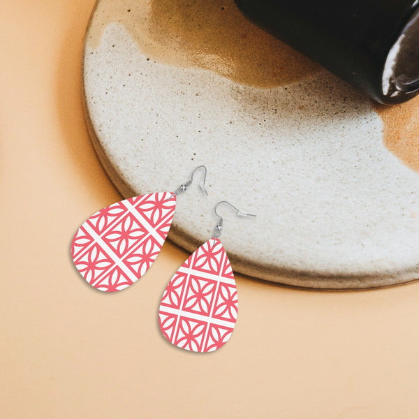 Breeze Block Coral Designed Kitschy Mod Faux Leather Teardrop Earrings