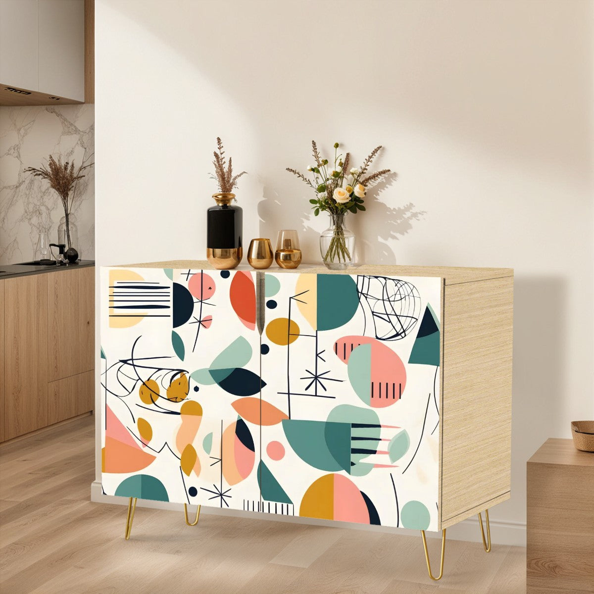 Mid Century Modern Wooden Storage Cabinet, Boho Abstract Geometric Design - Mid Century Modern Gal