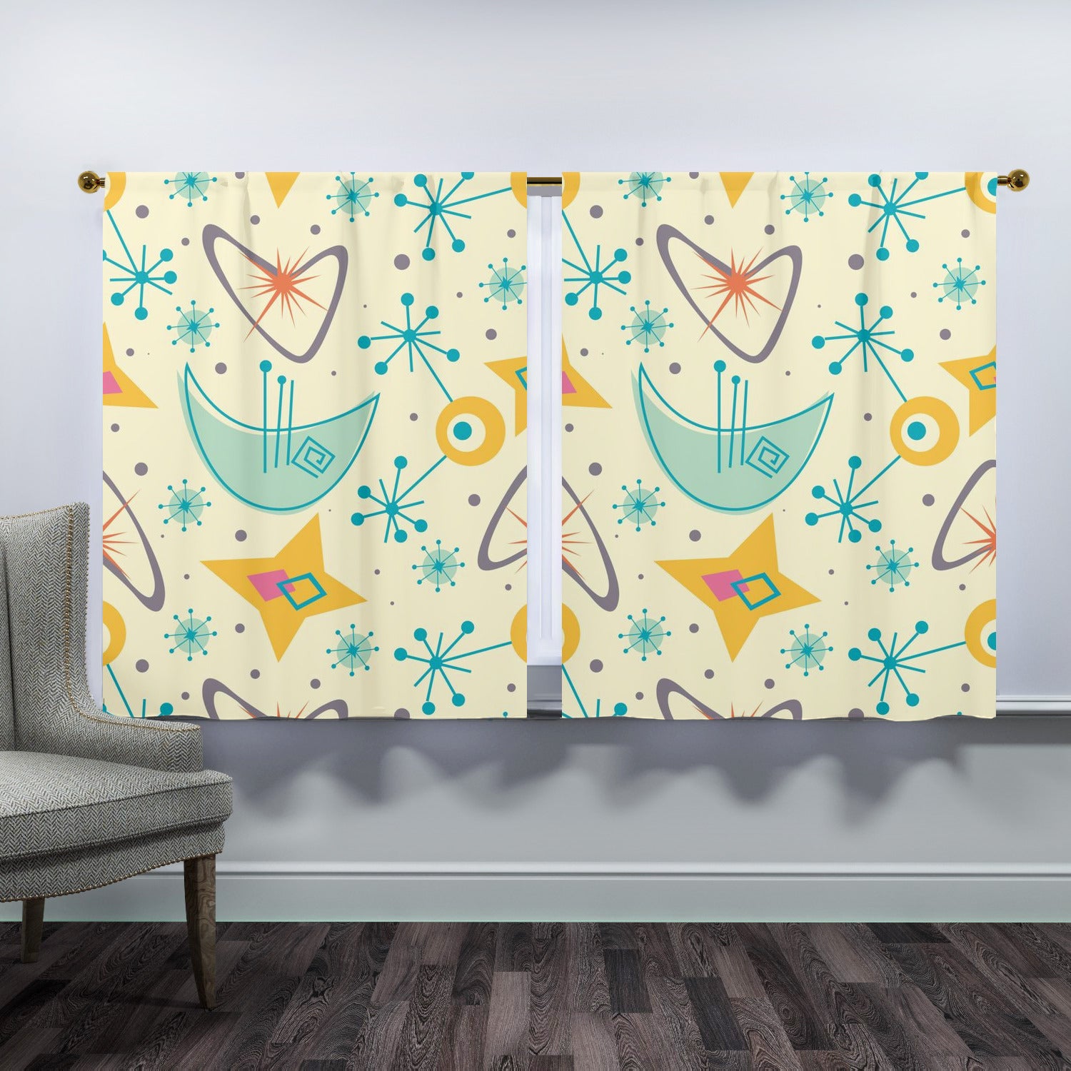 Mid Century Modern Atomic Boomerang, Retro Starburst Window Curtains (two panels) - Mid Century Modern Gal