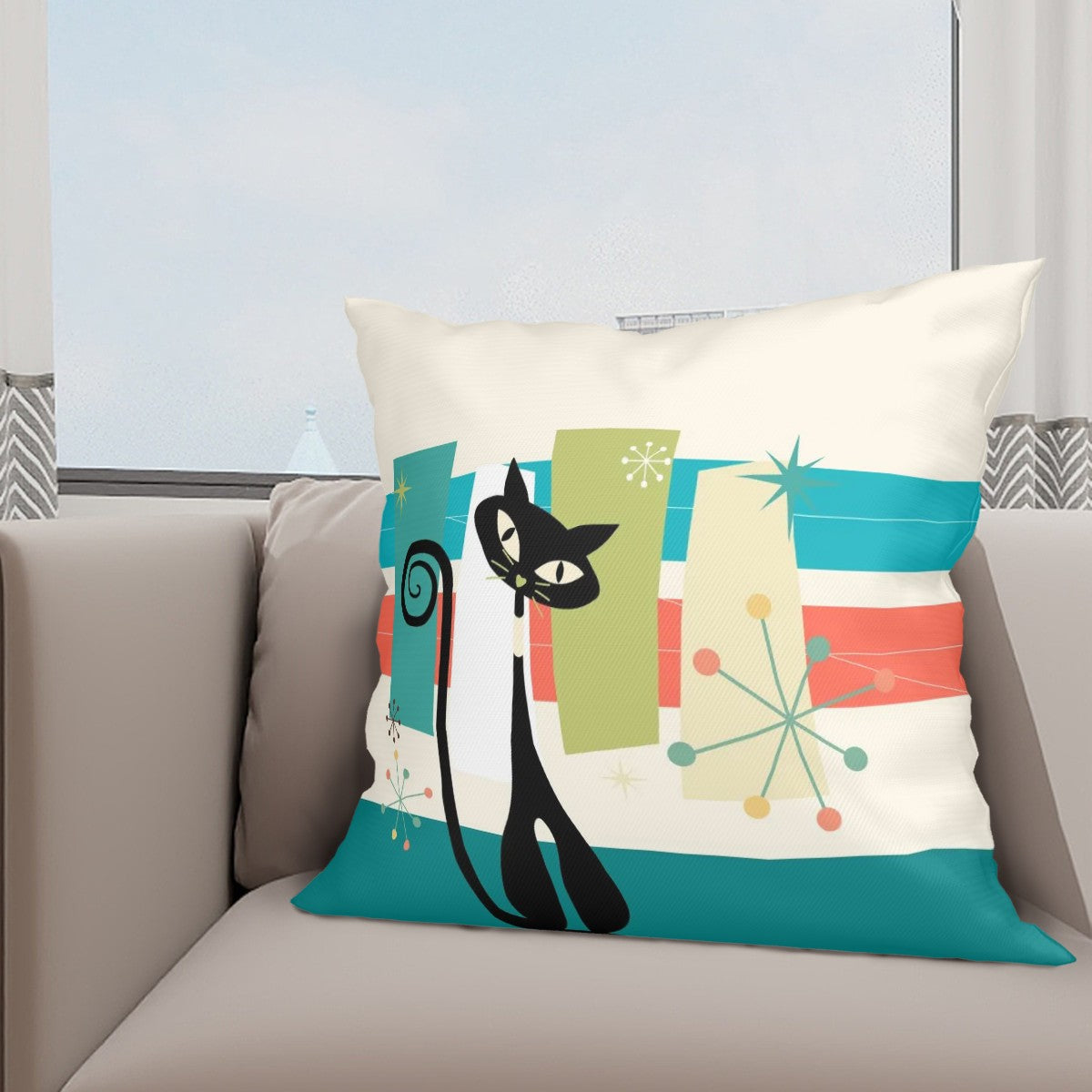 Mid Century Modern Atomic Cat, Geometric Groovy Pillow Covers ONLY - Mid Century Modern Gal