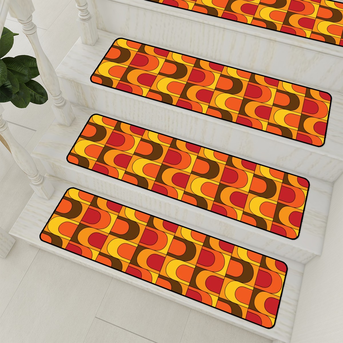 Mid Mod 70s Style Carpet Treads In Orange, Yellow Brown Groovy Pattern Non Slip Carpet for Stairs Treads - Mid Century Modern Gal